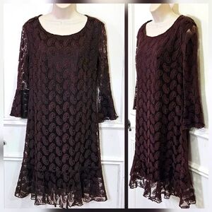 Cowgirl Hardware Brown Paisley Embroidered Mesh Flare Sleeve Midi Dress,X-Large